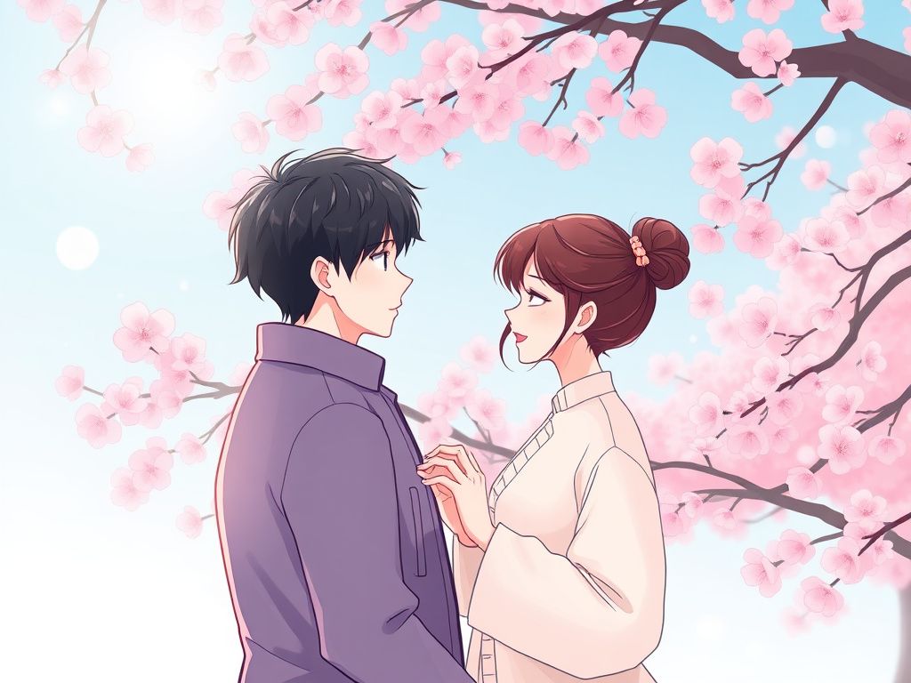 Popular Korean romance webtoon cover with two people under pink cherry blossoms