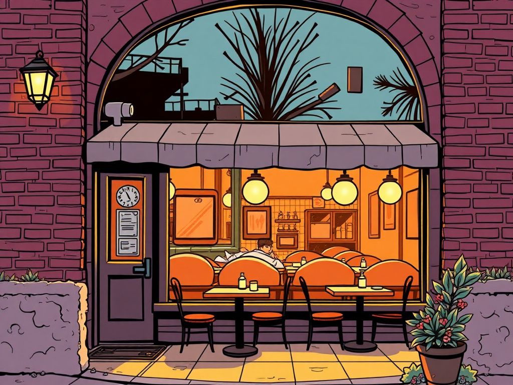 Upcoming comic cover showing a warm restaurant window