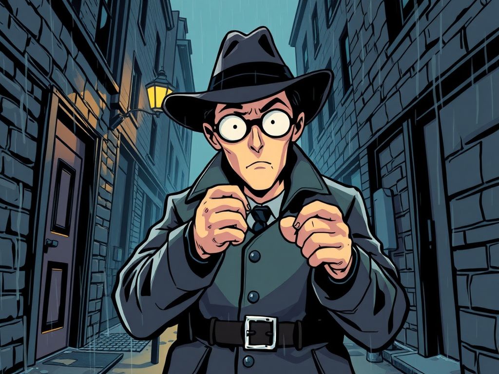 A mystery comic detective in a rainy alley