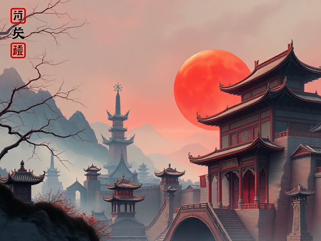 Chinese fantasy comic cover with a red moon and ancient city